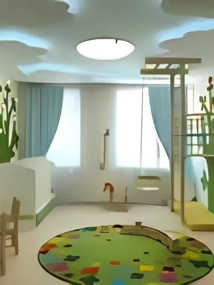 A nature-inspired playroom design with tree-shaped structures, a climbing ladder, and a green color scheme that brings the feeling of the outdoors inside.