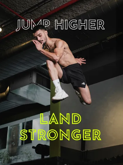 A powerful box jump, illustrating the explosive strength and coordination developed through plyometric and calisthenics training. We teach you to jump higher and land stronger.
