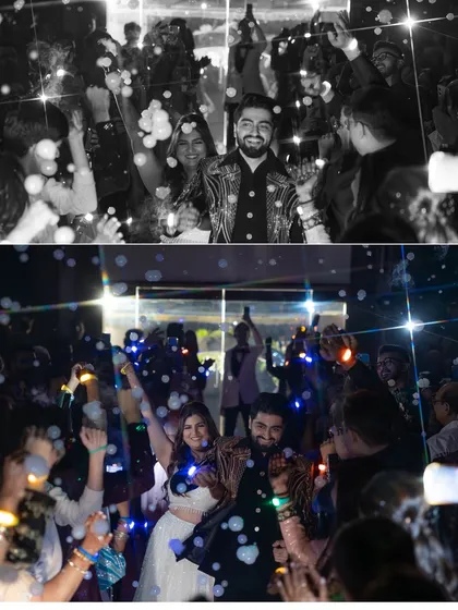 The couple makes a grand, fun-filled entrance surrounded by bubbles and lights. This collage captures the pure energy and excitement of a reception party.