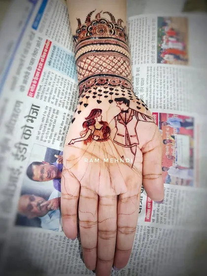 A modern, cartoon-style couple portrait on the palm. If you have a specific art style in mind for your portrait, I can adapt my drawing to match it.