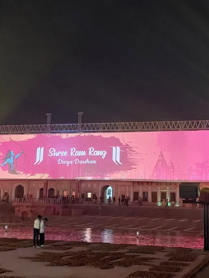 A wider perspective of the Ayodhya ghats during the Divya Darshan. This view shows how our lighting design, featuring beams from Martin fixtures, worked in harmony with the architectural elements and the audio installation to create a breathtaking atmosphere.