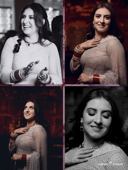 A collage of the bride's candid and posed portraits, capturing her smiles and the beauty of her reception saree.