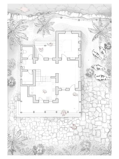 The ground floor plan for our Doddaballapura mud house. The layout is designed for simplicity and functionality, with interactive spaces like sit-outs and corridors that connect the home to the surrounding farm.