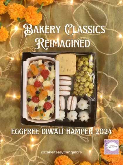 Our festive hampers are a celebration of flavor. This egg-free Diwali hamper was inspired by local Iyengar bakery classics, reimagined with a modern twist. It includes a variety of treats like Dilpasand tea cake, Masala Makhana, and Honey-Berry Macarons, all packed and ready for gifting.