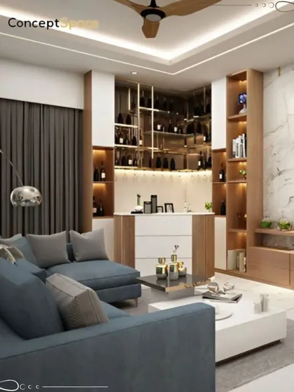 A look at a sophisticated living room we designed, featuring an integrated home bar. This space combines comfort with elegance, using a mix of wood, marble, and strategic lighting to create a perfect area for relaxation and entertainment.