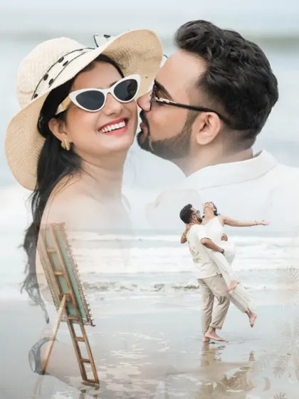 A beautiful collage capturing the joy and romance of a beach pre-wedding shoot. The close-up kiss and the playful lift in the water are perfect memories.