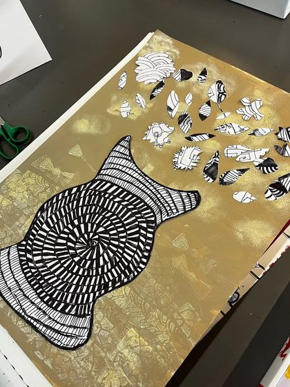 An abstract still life takes shape, with patterned pieces appearing to float away from the main object.