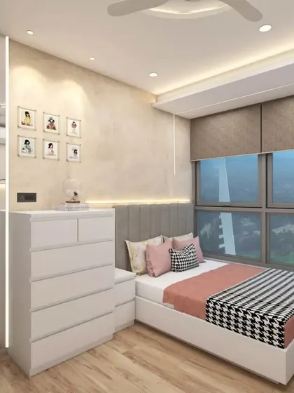 A 3D visualization of the complete bedroom layout. This helps my clients see how the custom bed, side tables, and chest of drawers will fit together in the space before any work begins.