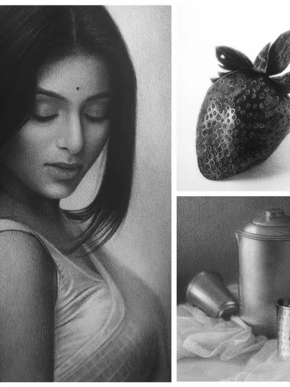 A collage of my recent works, including a portrait, a strawberry, and a still life. Each piece taught me valuable lessons about patience and self-kindness in the artistic process.