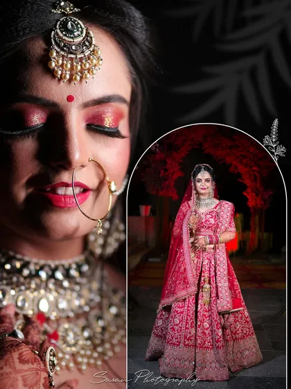 A collage featuring a close-up of the bride's makeup and a full-length shot of her under a pink floral arch.
