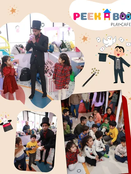 More moments from Ahaan's party, showing the magician and kids enjoying the celebration.