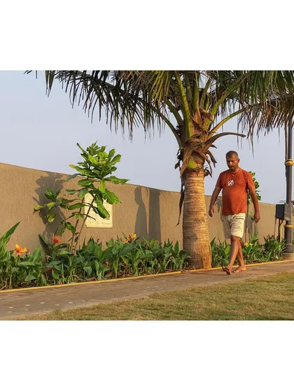 A resident takes a morning walk along the landscaped perimeter of the Gora Dabkal ground. The inclusion of walking paths and native plantings promotes both physical fitness and a connection to nature within the urban village.