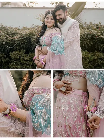 This collage focuses on the tender details of the Haldi ceremony. It highlights the couple's coordinated outfits, the floral jewelry, and the gentle way they hold hands, showcasing their connection.