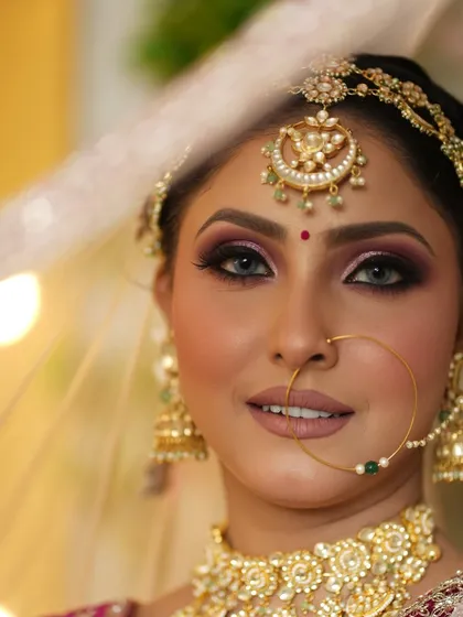A close-up of a glamorous bridal look with purple smokey eyes and a nude lip. The veil adds a touch of mystery.