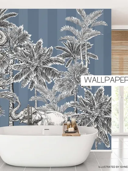 This is how my 'Trunk Tropica' design comes to life as a statement wallpaper. I love creating immersive, hand-illustrated patterns that can turn any room, even a bathroom, into a serene, tropical escape. This black and white elephant and palm tree design brings a touch of elegant nature indoors.