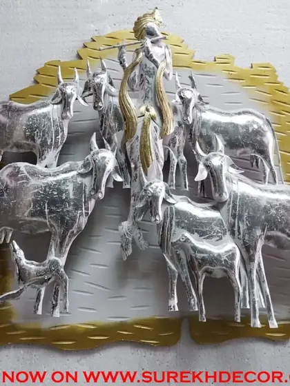 This unique wall art combines metal and wood to depict Lord Krishna with his cows, complete with LED lights. The silver and gold tones create a striking contrast, making it a divine and artistic statement piece.