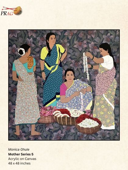 'Mother Series 5' by Monica Ghule, depicting women at a flower market, a scene of everyday life and community captured with a gentle, illustrative style.