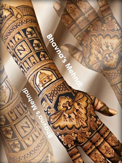 A collage showcasing a detailed back hand design with personalized initials 'N' and traditional architectural motifs.