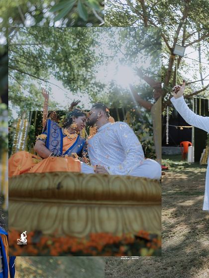A collage capturing the fun and romance of a Haldi, from a playful kiss to the groom's celebratory pose.