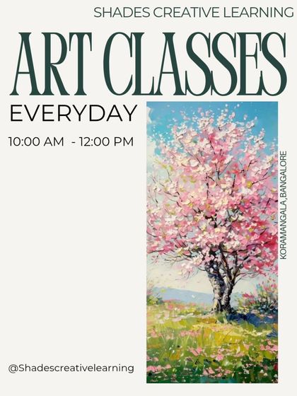 Join our art classes every day. This poster features a beautiful cherry blossom tree painted with palette knives.