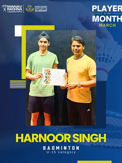 Harnoor Singh, our Badminton Player of the Month for March (U-15). His commitment to improving his game every day is what we celebrate.