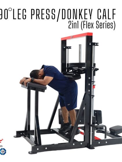 The donkey calf raise in action. The padded support ensures comfort while allowing for a full range of motion to stretch and contract the calves.