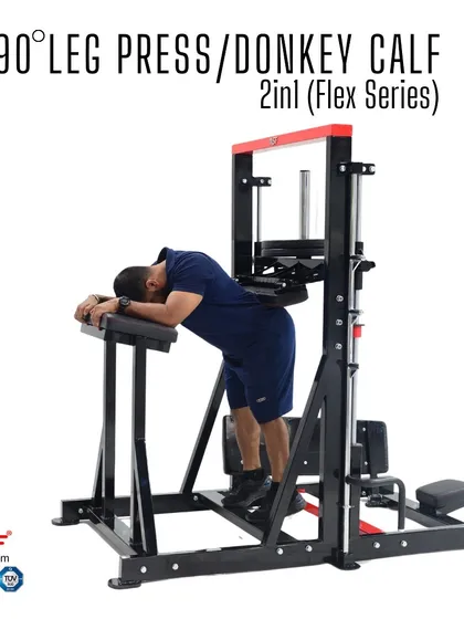The donkey calf raise in action. The padded support ensures comfort while allowing for a full range of motion to stretch and contract the calves.
