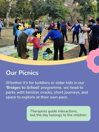 Our community picnics are designed for everyone to enjoy. Whether for toddlers or older kids in our 'Bridges to School' program, we head to parks with familiar snacks and space to explore at their own pace, with therapists guiding interactions.