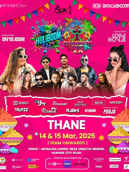 The poster for Holiboom "Rainbow Haze 4.0" in Thane. Our multi-day events feature an extensive lineup of artists to provide continuous entertainment.