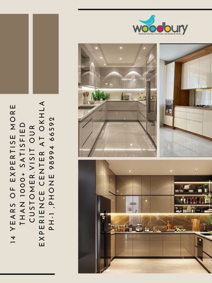 This graphic showcases several modern kitchen designs in warm, neutral tones. Notice the use of under-cabinet and in-cabinet lighting to create a luxurious feel.