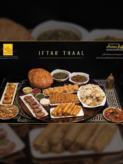 A full view of our Grand Iftar Thaal, showcasing the variety and generosity of the spread. It includes everything from savory starters and rich main courses to traditional sweets and breads.