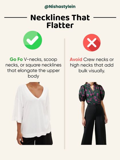 The right neckline can elongate your upper body. For fuller arms, V-necks and scoop necks are great choices, while high necks can add visual bulk.