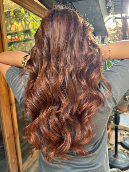 Another view of the autumn copper hair. The color is so rich and warm, perfect for any season.