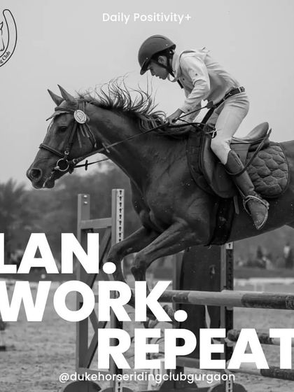 Plan. Work. Repeat. This powerful image of a rider clearing a jump embodies the dedication required to succeed in equestrian sports.