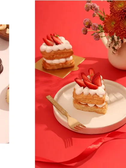 This composition uses a split-screen effect to highlight both individual heart-shaped chocolates and beautifully plated strawberry pastries. The red and white color scheme creates a romantic and cohesive look.
