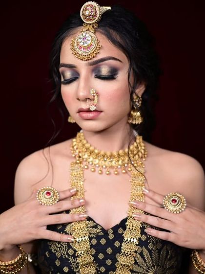 A stunning close-up of a traditional gold jewellery set, including a choker, a long haram, jhumkas, and a borla-style maang tikka. This is perfect for achieving a classic, goddess-like look.