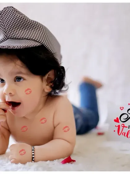 Mom is my Valentine! This sweet and simple setup with kiss marks and a heartfelt sign is a lovely way to capture the love between a mother and child.