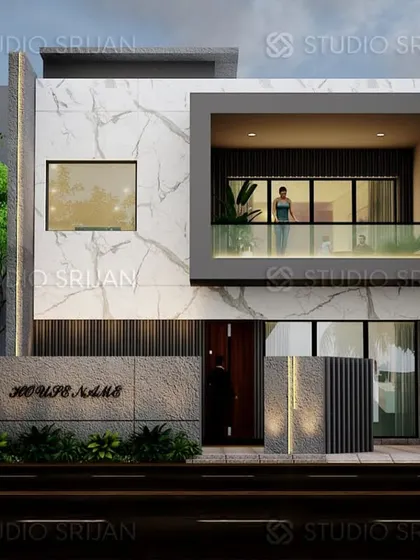 A modern design for a 237 sq. yard home in Noida. The facade is defined by a large, grey frame around the first-floor balcony and a striking white marble-patterned wall, creating a bold contrast.