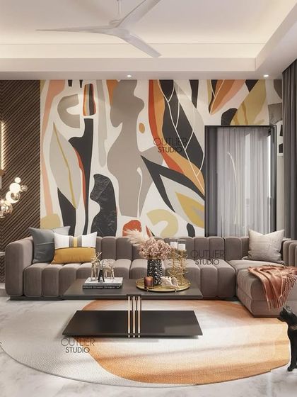 Where every color tells a story. This living room is brought to life by a vibrant, large-scale abstract mural, complemented by a comfortable L-shaped sofa and a circular rug that echoes the mural's colors.