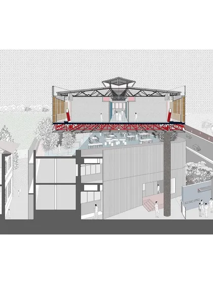 A cross-section of "Hoverspace" shows how the new office level is suspended above the existing building. The drawing reveals the interstitial terrace space created between the old and the new.