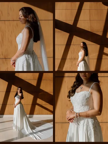 In lace and light, she stepped into forever. A collage of my beautiful Christian bride, her makeup is soft, angelic, and timeless, perfect for her white wedding gown.