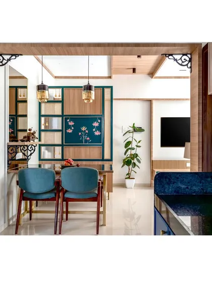 This perspective from the kitchen shows how different spaces are framed and connected. The design ensures that even functional areas feel part of the home's overall aesthetic.