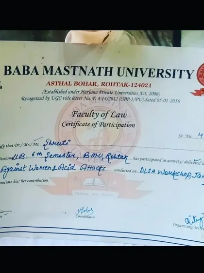 My commitment to fighting for women's rights is a core part of my practice. This certificate from a workshop on 'Cruelty Against Women & Acid Attacks' is a testament to my specialized training and dedication in this critical area of law.
