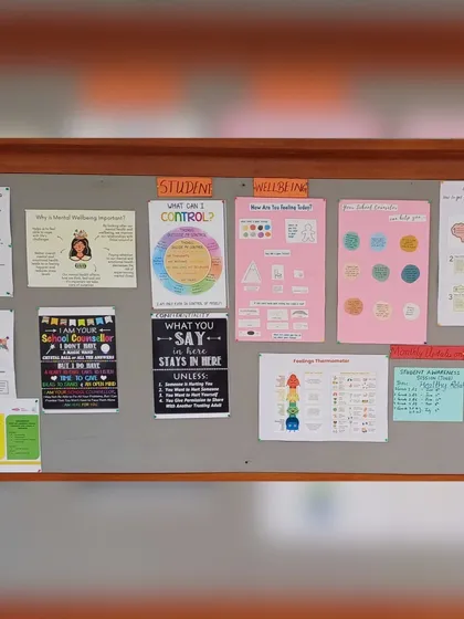 Our student wellbeing board offers resources and support, reminding everyone that it's okay to not be okay and that reaching out is a sign of strength.