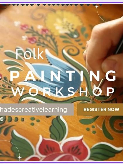 An announcement for a folk painting workshop, which covers decorative styles like Rosemaling and one-stroke painting. These classes are great for learning versatile, beautiful techniques.