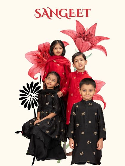 My 'Sangeet' collection is designed for a night of music and dance. This image shows coordinated sets in bold red and classic black, with comfortable silhouettes that are perfect for twirling on the dance floor.