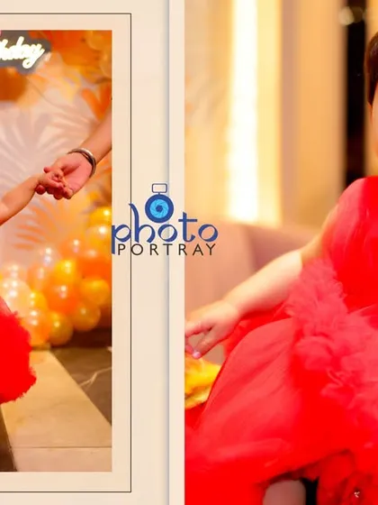 A diptych showing the birthday girl in her vibrant red dress, capturing both a full length and a seated portrait.