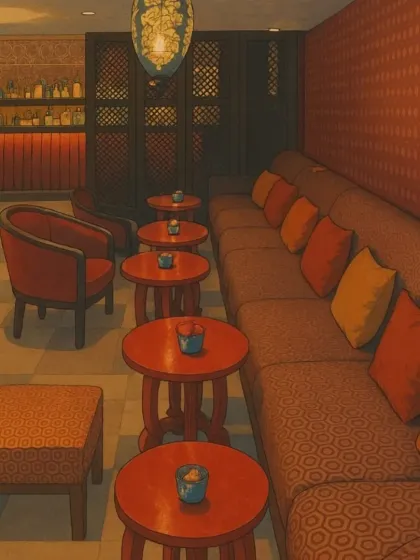 This illustration of our i-Bar lounge shows the rich, warm tones and comfortable seating that make it a perfect spot for conversation and cocktails. It's a whimsical take on our luxurious spaces.