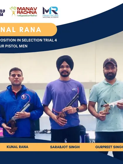 Our shooter Kunal Rana stands on the podium after securing second place in the 10M Air Pistol Senior Men Event at the Indian team Selection Trials, a proud moment for our Khelo India program.