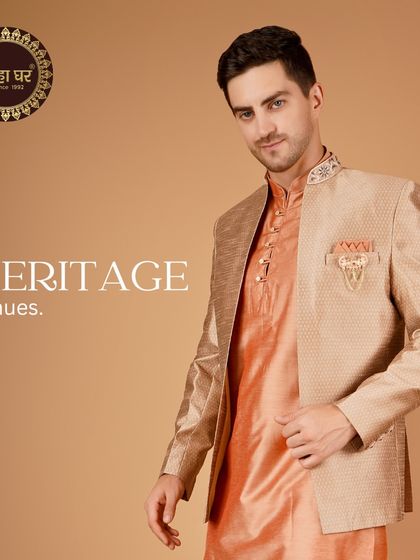 Heritage in hues. An orange kurta paired with a beige Indo-Western jacket, a warm and vibrant choice for any celebration.
